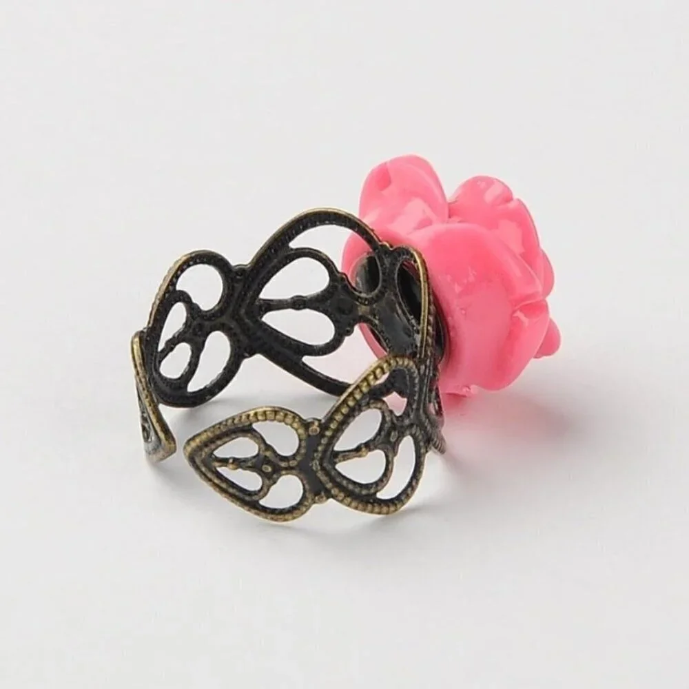 Lacy Bronze Victorian Style Pink Rose Flower Lucite Cabochon Adjustable Ring